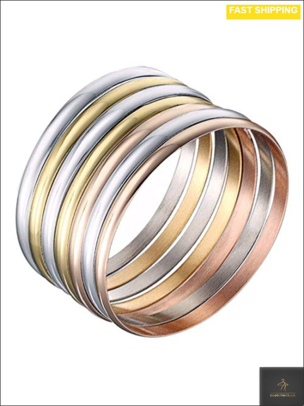 Stainless Steel Tri-Tone Stackable Bangle Bracelet Set 7 Piece Hypoallergenic